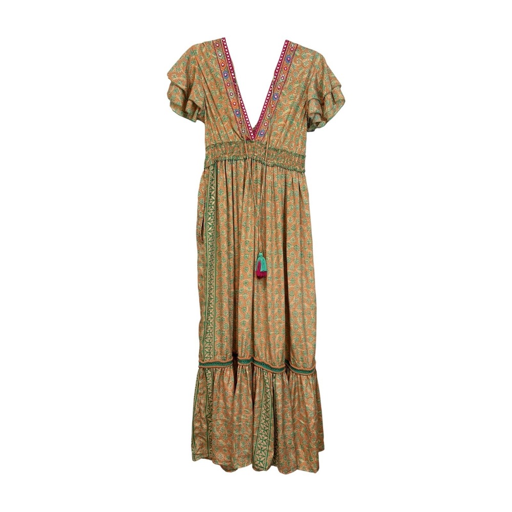 Chocolate Preppy Boho Maxi Dress Orange Green Mirror Embroidery Tassel OS - Picture 9 of 9